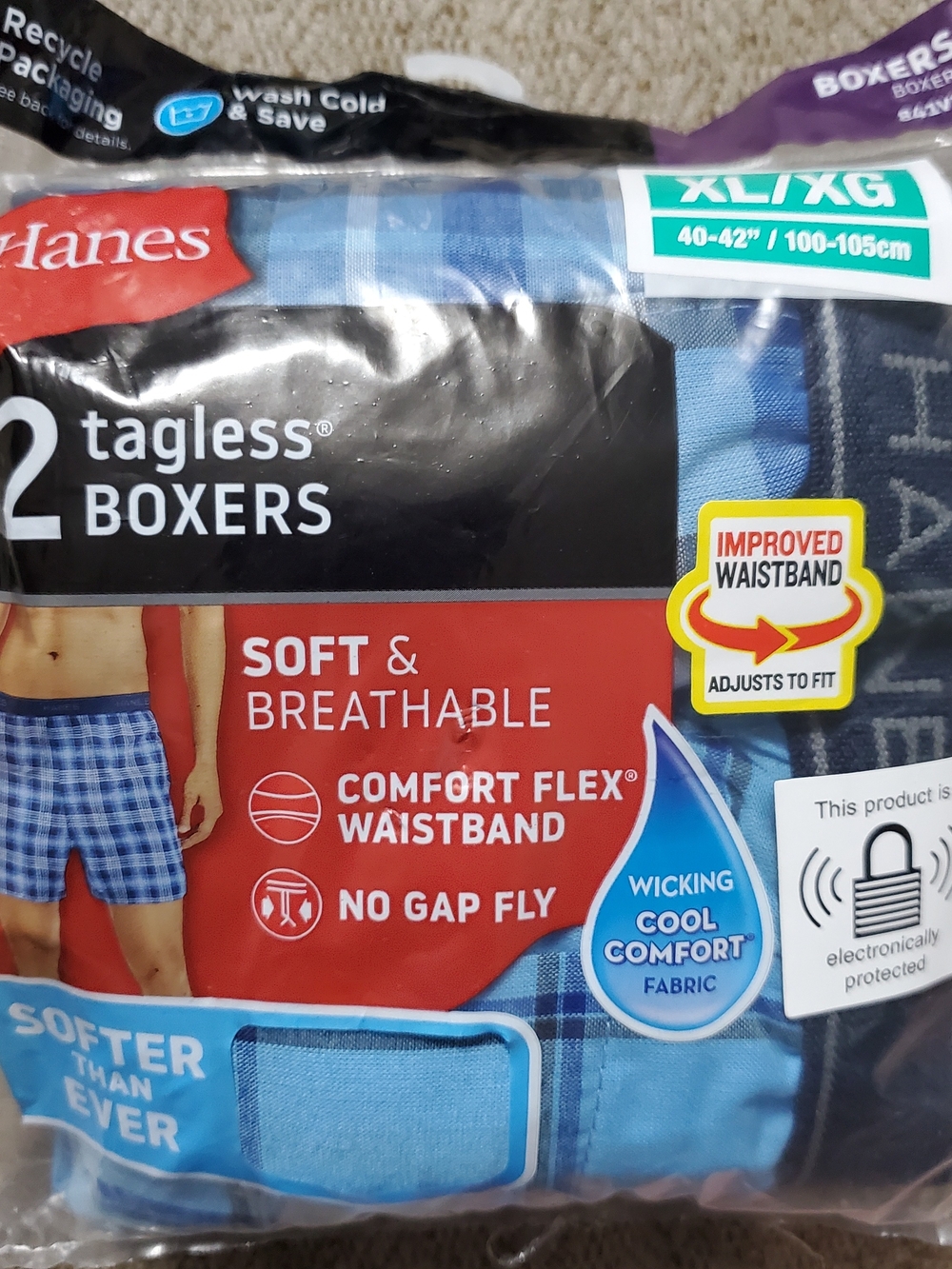 Hanes Men's Size XL 40" - 42" Tagless Boxers – Light Blue Plaid, Pack of 2